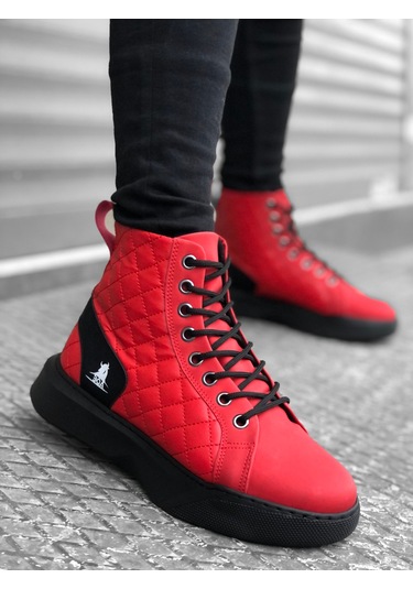 Ba0159 Bağcıklı Kırmızı Kapitone Erkek Yüksek Taban Spor Bot Kırmızı