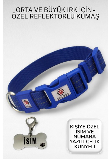 Caramelos Reflektörlü Köpek Tasması, Kişiye Özel Köpek Tasması. Büyük Ive Orta Irk Köpek Tasması Lcv Lacivert
