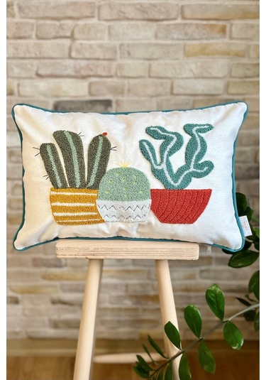 Swita Home Çiftli Kombin Punch İşlemeli Kırlent Kılıfı Panç Beyaz - Yeşil