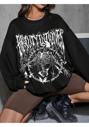 Adrift Coolane Skeleton & Letter Graphic Drop Shoulder Sweatshirt Siyah Siyah