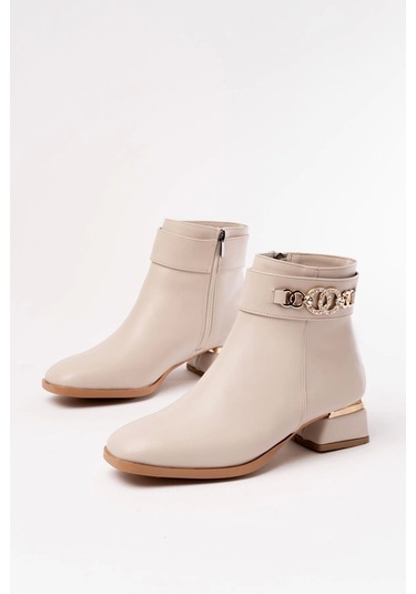 Rm-502 Bej Toka Aksesuarlı Topuklu Fermuarlı Günlük Kadın Bot Bej