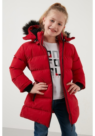 Lela Yakası Suni Kürklü Peluş Astarlı Çıkarılabilir Kapüşonlu Dar Kesim Kışlık Kız Çocuk Mont 5760002 Kırmızı