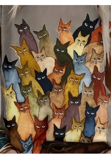 Simala Kadın Kısa Kollu Bisiklet Yaka Kedi Desenli Süprem Bluz SÜTLÜ KAHVE