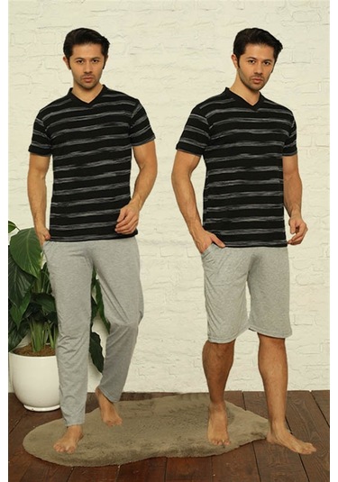 Akbeniz Erkek Siyah V Yaka 3'Lü Pijama Takım 6822-Siyah