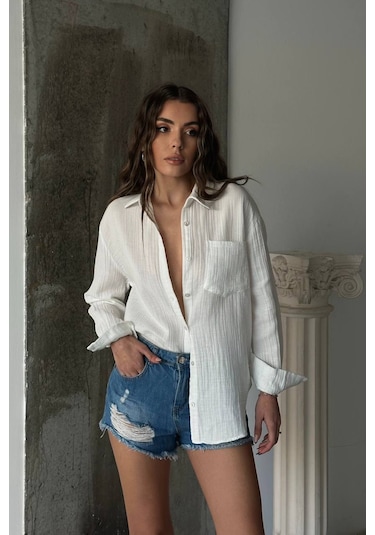 Giysa Kadın Uzun Kollu %100 Pamuklu Oversize Gömlek Beyaz - 26k 2012 Beyaz