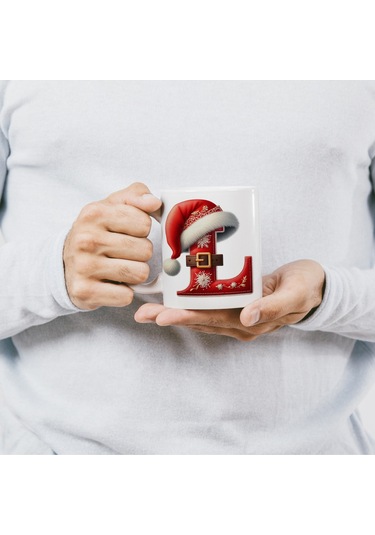 L Harfi Yılbaşı Temalı Bardak 330 Ml Harfli Kişiye Özel Hediye - Yeniyıl / Noel Şapka Tasarım Beyaz