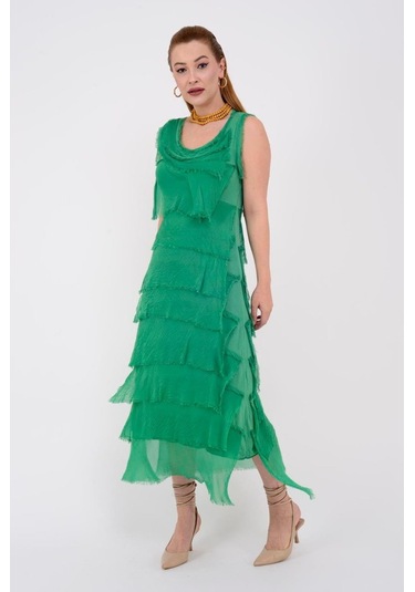 Italyan 2 Beden İnce Gösteren Kat Kat Kolsuz Ipek Elbise-8769 Yeşil