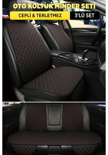 Tay Tüyü Sırtlı Oto Koltuk Minder Seti - Oto Koltuk Kılıf Seti - Cepli & Terletmez - Siyah Kırmızı