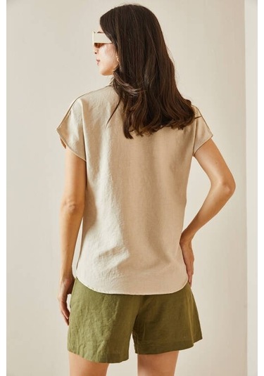 Kadın Keten Kumaş Kısa Kollu Gömlek Karışık Çok Renkli