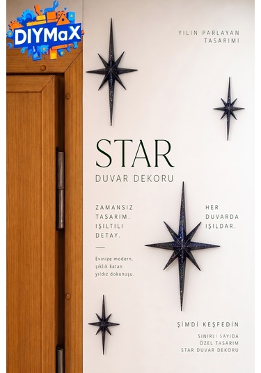 Yıldız Duvar Dekoru 4'lü Set Mid-century Modern Starburst Dekoratif Duvar Süsü - Siyah