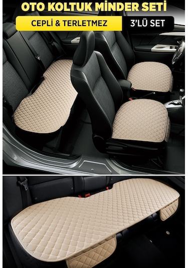 Tay Tüyü Cepli & Terletmez Oto Koltuk Minder Seti - Koltuk Koruma Kılıfı 3'lü Set Bej