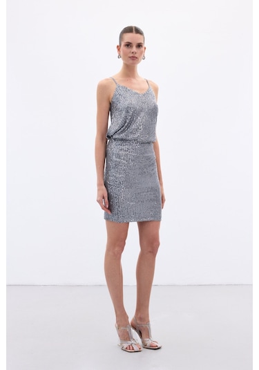 Sateen Payetli Mini Etek - Gri-136650 Gri