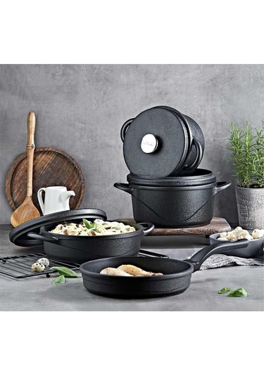 Oms 3557 Wave Quartz Prıme 7 Parça Biogranit Döküm Tencere Seti Siyah