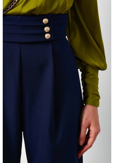 Sateen Bel Detaylı Pantolon - Lacivert-134350 Lacivert