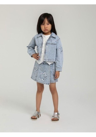 Kız Çocuk Yıldız İşlemeli Cepli Kot Ceket-15648 Mavi