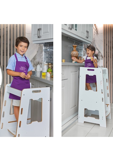 Minera Ahşap Montessori Öğrenme Kulesi / 2-6 Yaş / Beyaz