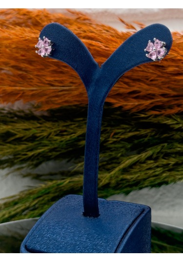 925 Ayar Gümüş Kalpli Pembe Kuvars Taşlı Zarif Kadın Küpe Gümüş