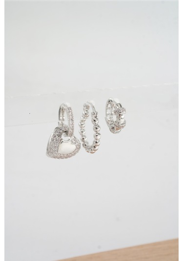 By Zeyna Aksesuar Kadın Vip Seri Baget Zirkon Taşlı 3'lü Küpe Seti-4278 Gümüş