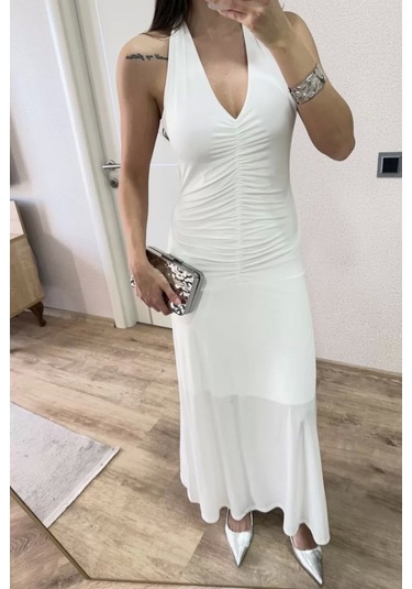 Sırt Dekolteli Uzun Elbise - Beyaz Beyaz