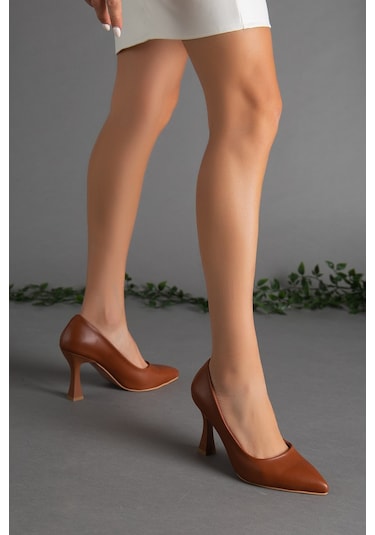 Cilt İnce Topuk Taba Büyük Numara Kadın Ayakkabısı Topuklu Stiletto-2104-taba Taba