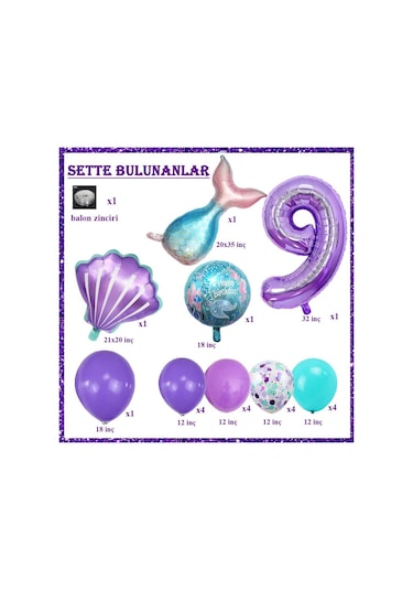 9 Yaş Deniz Kızı Temalı Doğum Günü Parti Kutlama Seti Konsept 1