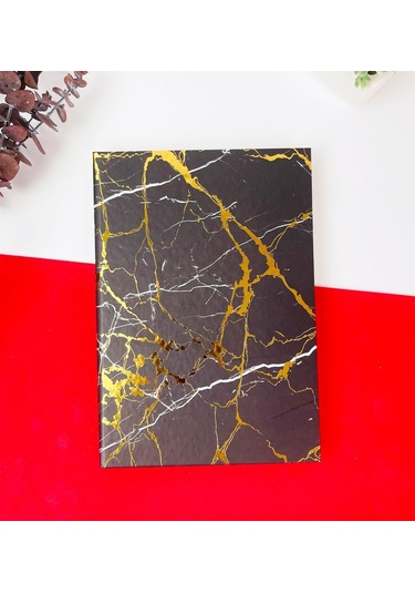Kişiye Özel Altın Yaldızlı Siyah Mermer Tasarımlı Lastikli Defter & 6'Lı Havuç Kalem