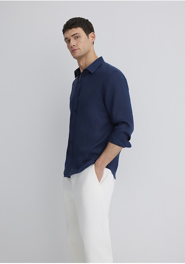 Mavi - Lacivert Keten Gömlek 0211466-70497 Lacivert