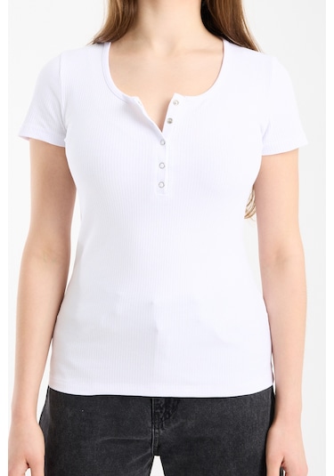 Hdm Kadın Esnek Fitilli Yakası Çıtçıtlı Beyaz Kısa Kol Basic Örme Bluz - H5993-55 Beyaz