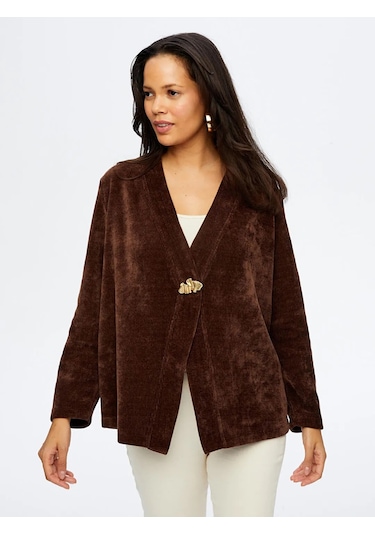 Faik Sönmez Metal Aksesuar Detaylı Şönil Kadın Hırka W26hrk004 Kahve