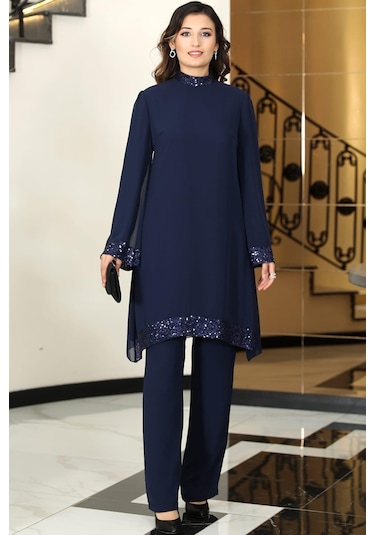 Umay Şifon Tunik Pantolon İkili Tesettür Takım Lacivert Lacivert
