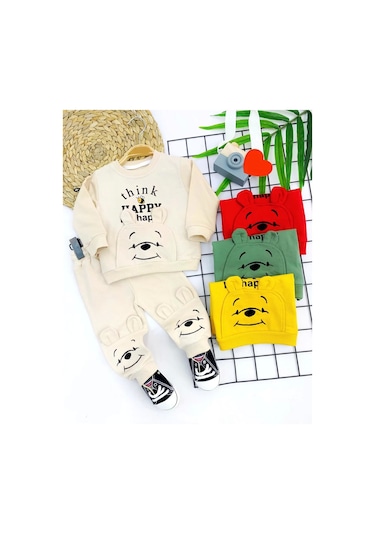 9-12-18-24 Ay Pohh Desenli Uzun Kollu Sweat 2li Kız Erkek Bebek Takımı Krem Krem