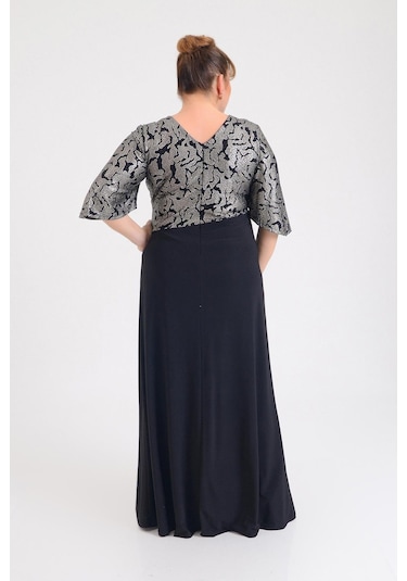 Lilas Xxl Kadın Büyük Beden Kruvaze Yaka Kısa Kollu Uzun Abiye Elbise 9670 Siyah Siyah