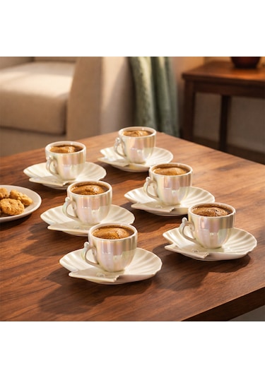 Porsima Vf079 Oregon İnci 6 Kişilik Porselen Fincan Seti 12 Parça Türk Kahvesi Fincanı Takımı-90ml Beyaz