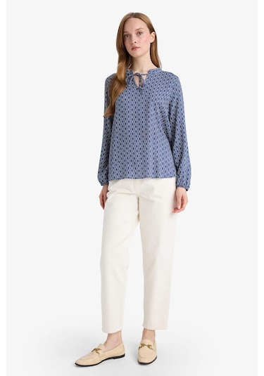 DeFacto Regular Fit Bağcıklı Yaka Desenli Uzun Kollu Bluz N1809AZ25SPIN69