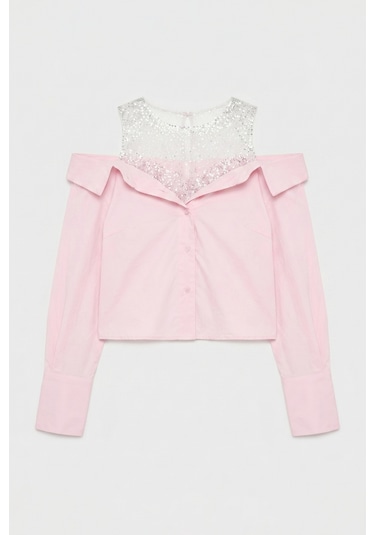 Itsbasic Kadın Pembe Oversize Tül Dantelli Özel Tasarım Gömlek