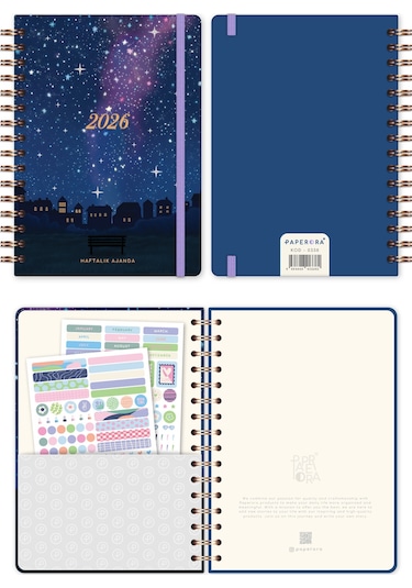 2026 A5 Spiralli Renkli Haftalık Ajanda 12 Aylık Motivasyon Sayfalı Galaksi Galaksi