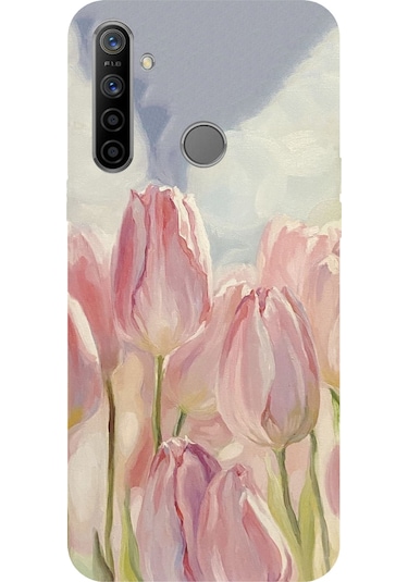 Realme 5i - 6i - C3 Uyumlu Pembe Laleler Baskılı Silikon Kılıf Renkli