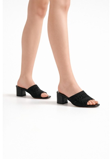 Tual Shoes Kadın Siyah Örgü Detaylı Topuklu Terlik Siyah - Siyah