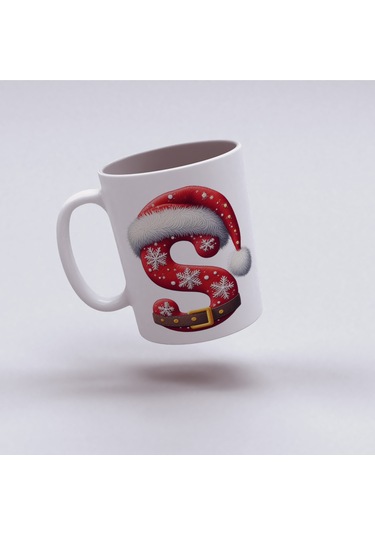 S Harfi Yılbaşı Temalı Bardak 330 Ml Harfli Kişiye Özel Hediye - Yeniyıl / Noel Şapka Tasarım Beyaz