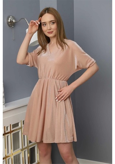 Beli Lastikli V Yaka Elbise 1765-pudra Pudra
