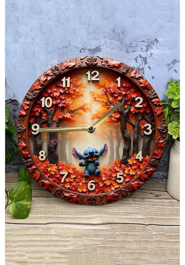 3d Görünümlü "stitch İle Sonbahar" Mdf Duvar Saati Sdw323 Renkli