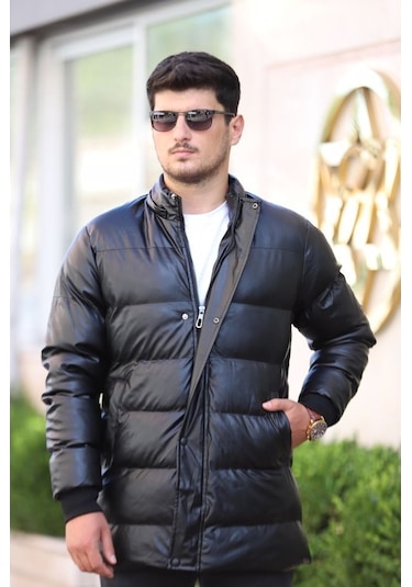 Prifaldi Erkek Kapüşonu Çıkarılabilir Siyah Şişme Uzun Deri Mont Siyah