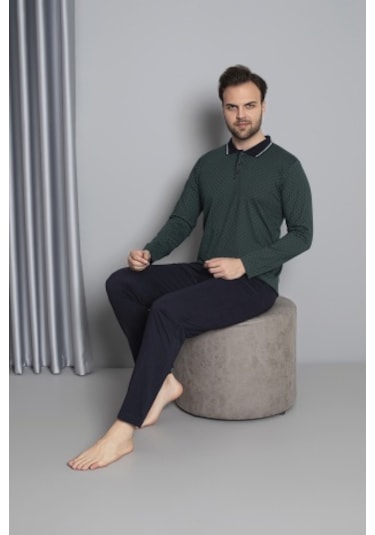 Erkek Düğmeli Desenli Uzun Kollu Pijama Takımı 16585 Yeşil Yeşil