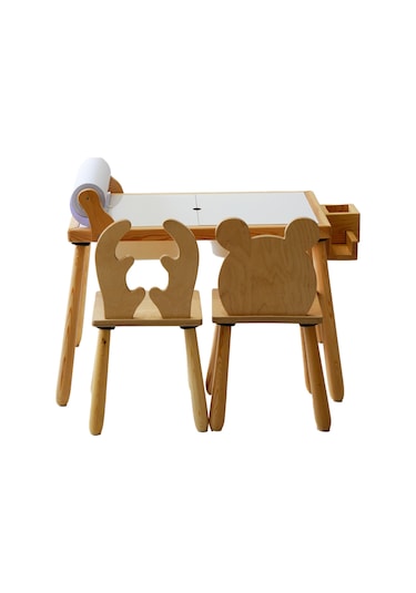 Woodnjoy Wood & Joy Ahşap Duyusal Çocuk Aktivite Masası 2 Sandalye Seti + Rulo Kağıt - Beyaz
