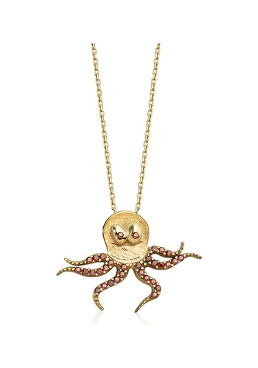 14 Ayar Mikron Altın Kaplama Ahtapot Figürlü Kolye Kırmızı Taşlı El Yapımı Tasarım - Cns00671 Altın