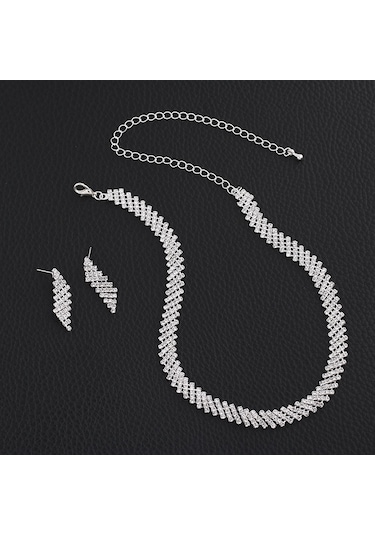 Chavin Düğün Nişan Kına Zirkon Taşlı Bayan Kolye Küpe Set es06 Beyaz