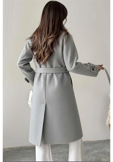 Neşeli Butik Kadın Kuşak Detaylı Astarlı Kaşe Kaban Nbg120 Gri