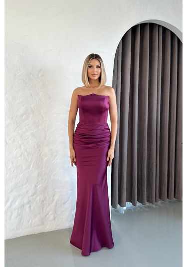 Straplez Saten Uzun Mürdüm Abiye Mürdüm