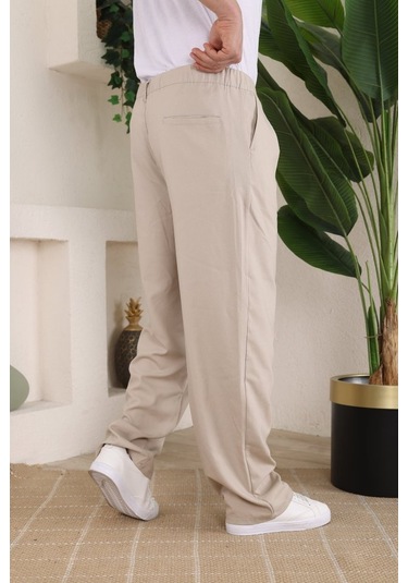 Erkek Beli Lastikli Pileli Baggy Pantolon Bej