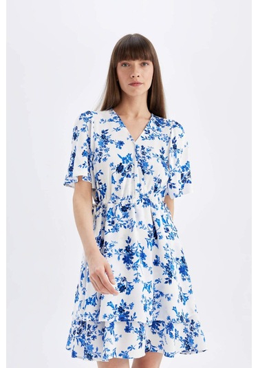 DeFacto Wrap Yaka Çiçek Desenli Maroken Yarım Kollu Mini Elbise C7223AX24SMBE303